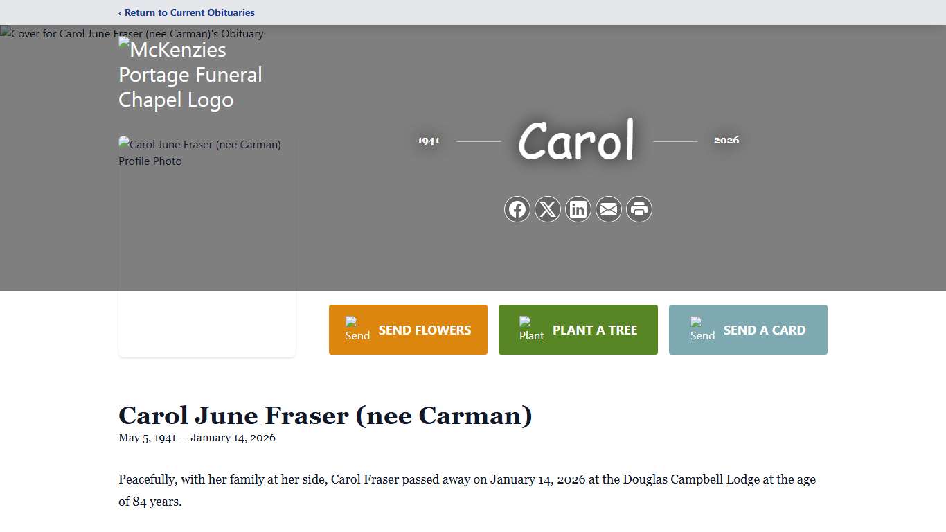 Carol June Fraser (nee Carman) Obituary January 14, 2026 - McKenzies Portage Funeral Chapel